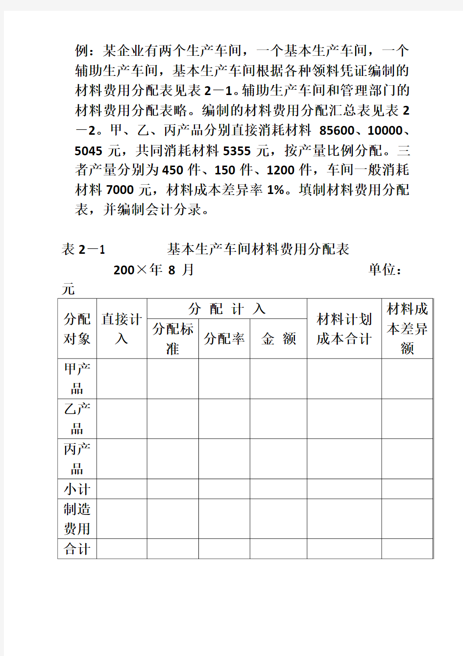 材料费用分配表的编制(计划成本法)(答案)