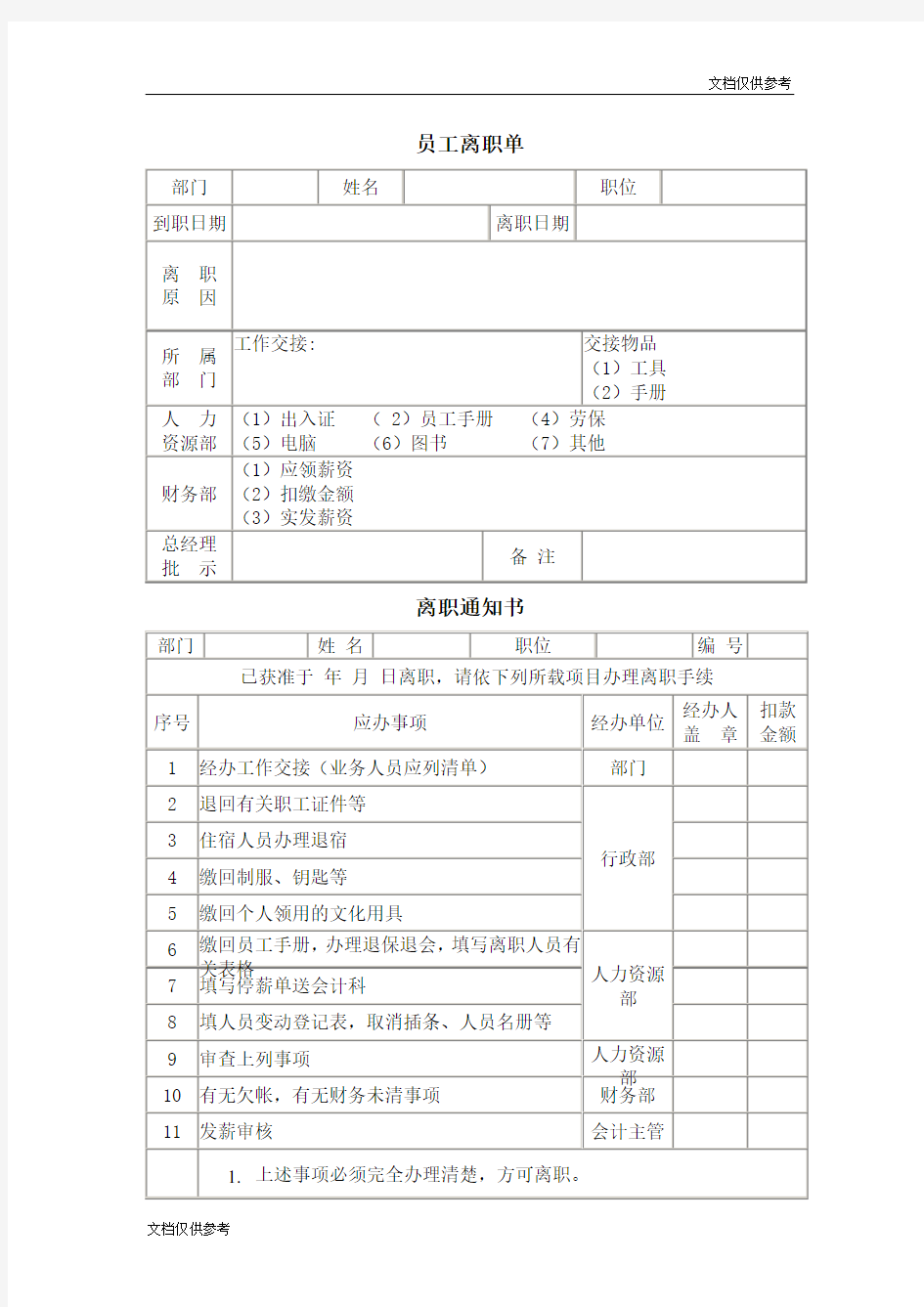 离职通知书+员工离职单