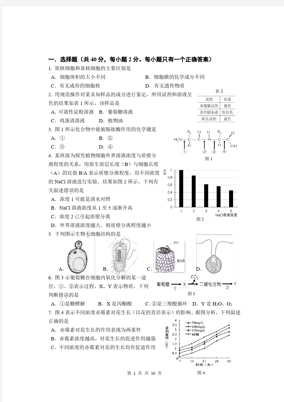 2018年闵行区一模生物试卷