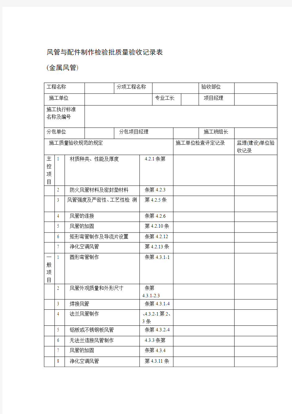 通风及空调工程检验批质量验收记录表