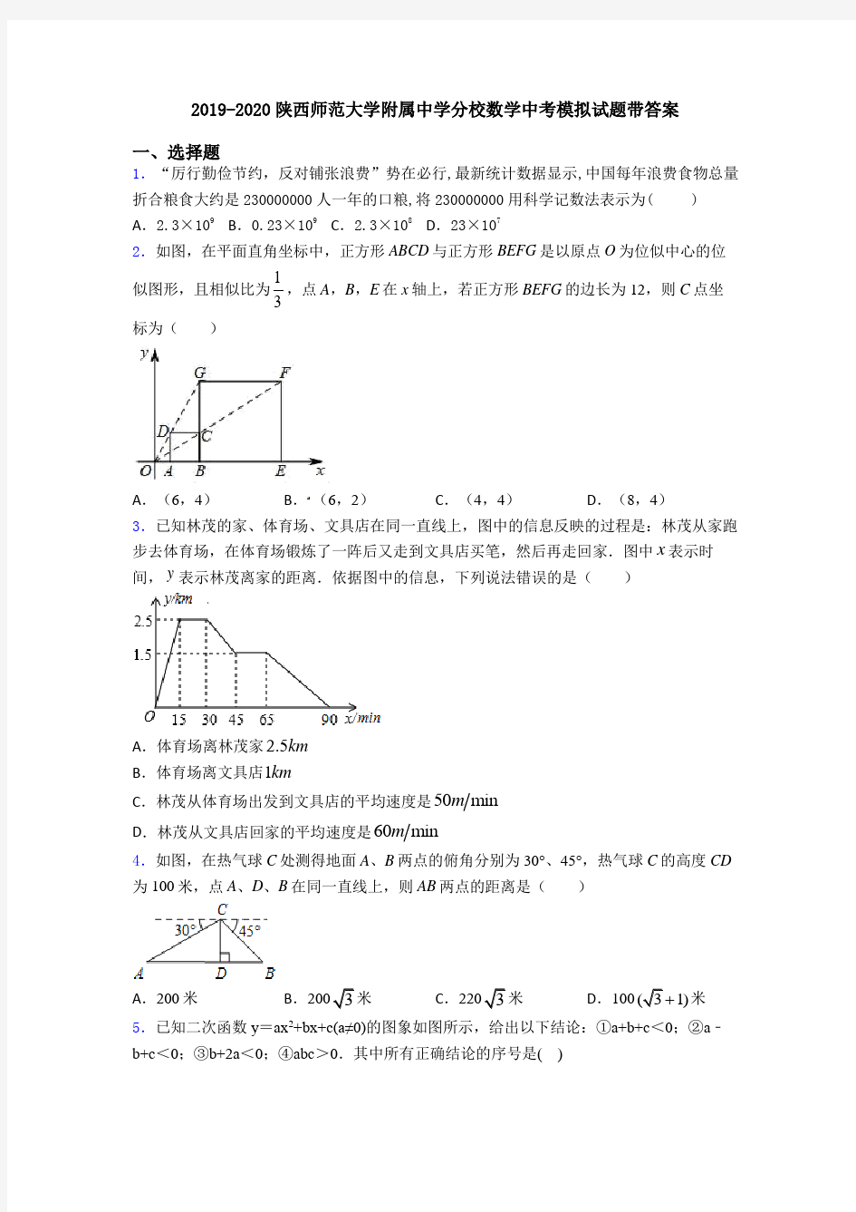 2019-2020陕西师范大学附属中学分校数学中考模拟试题带答案