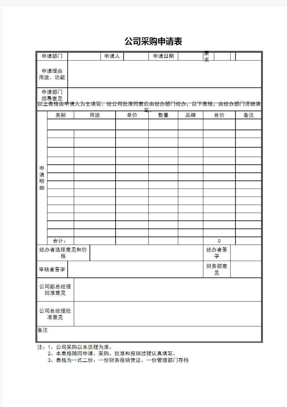 公司采购申请表EXCEl模板(完整版)