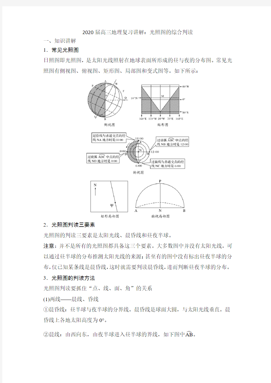 2020届高三地理复习讲解：光照图的综合判读