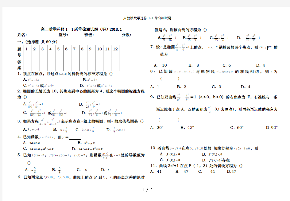 人教版数学选修1-1综合测试题