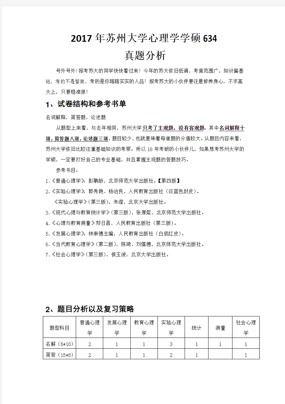 2017年苏州大学心理学学硕634真题分析