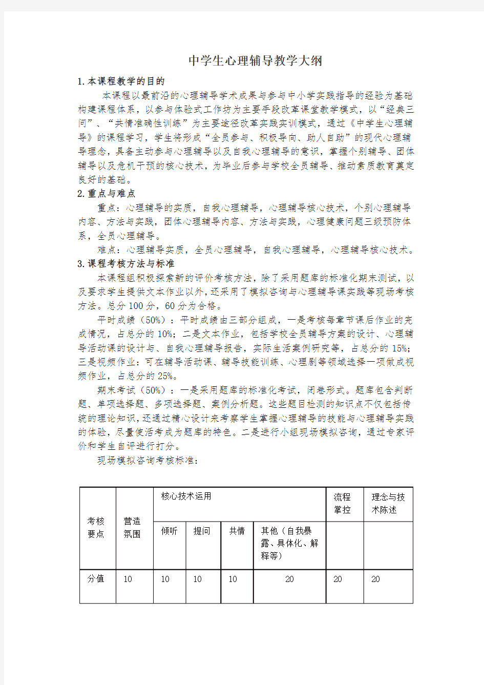 《中学生心理辅导》教学大纲