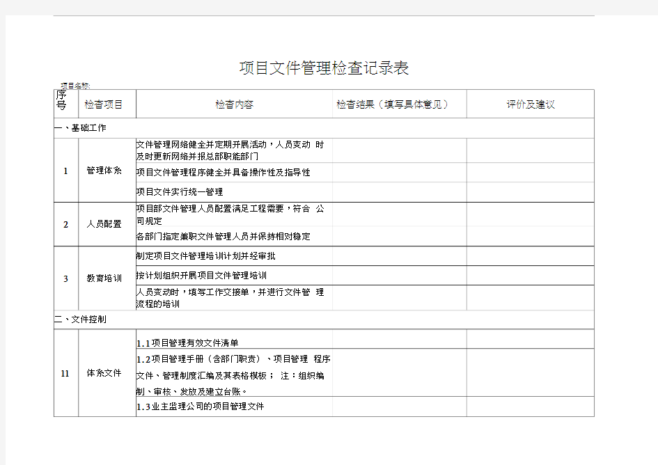 项目文件管理检查记录表