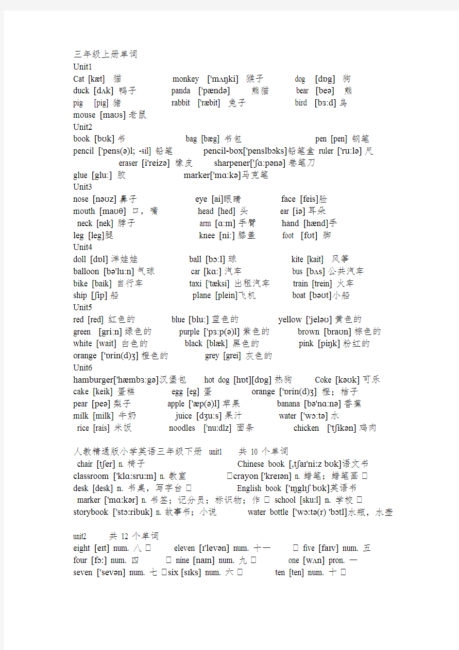 人教精通版小学英语3-6年级单词词汇表(最新整理)