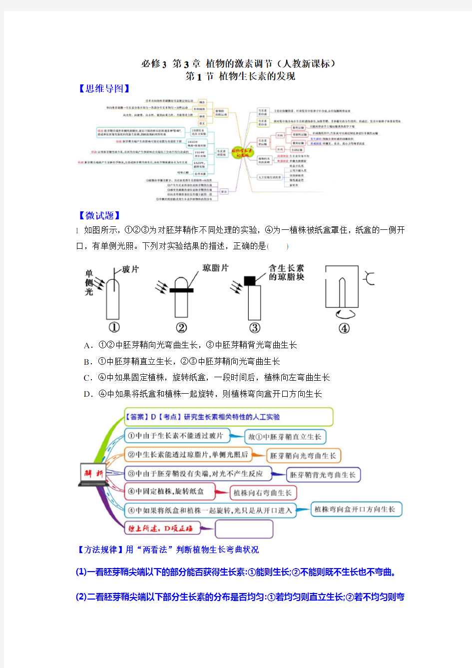 图解教材2016上人教版高中生物必修3思维导图微试题31植物生长素的发现