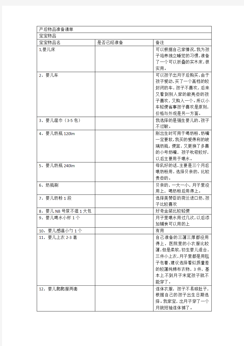 产后物品准备清单