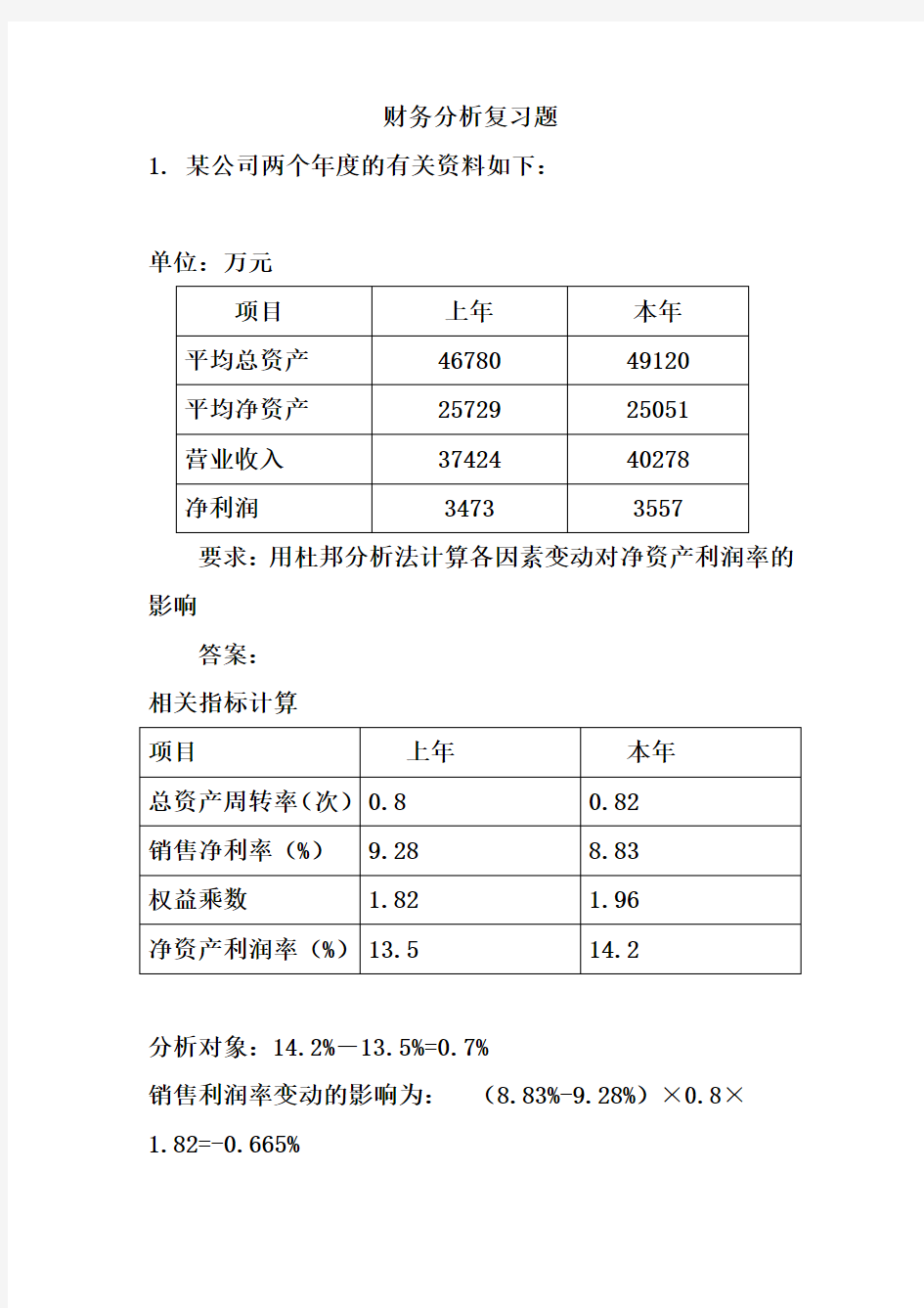 财务分析习题与答案