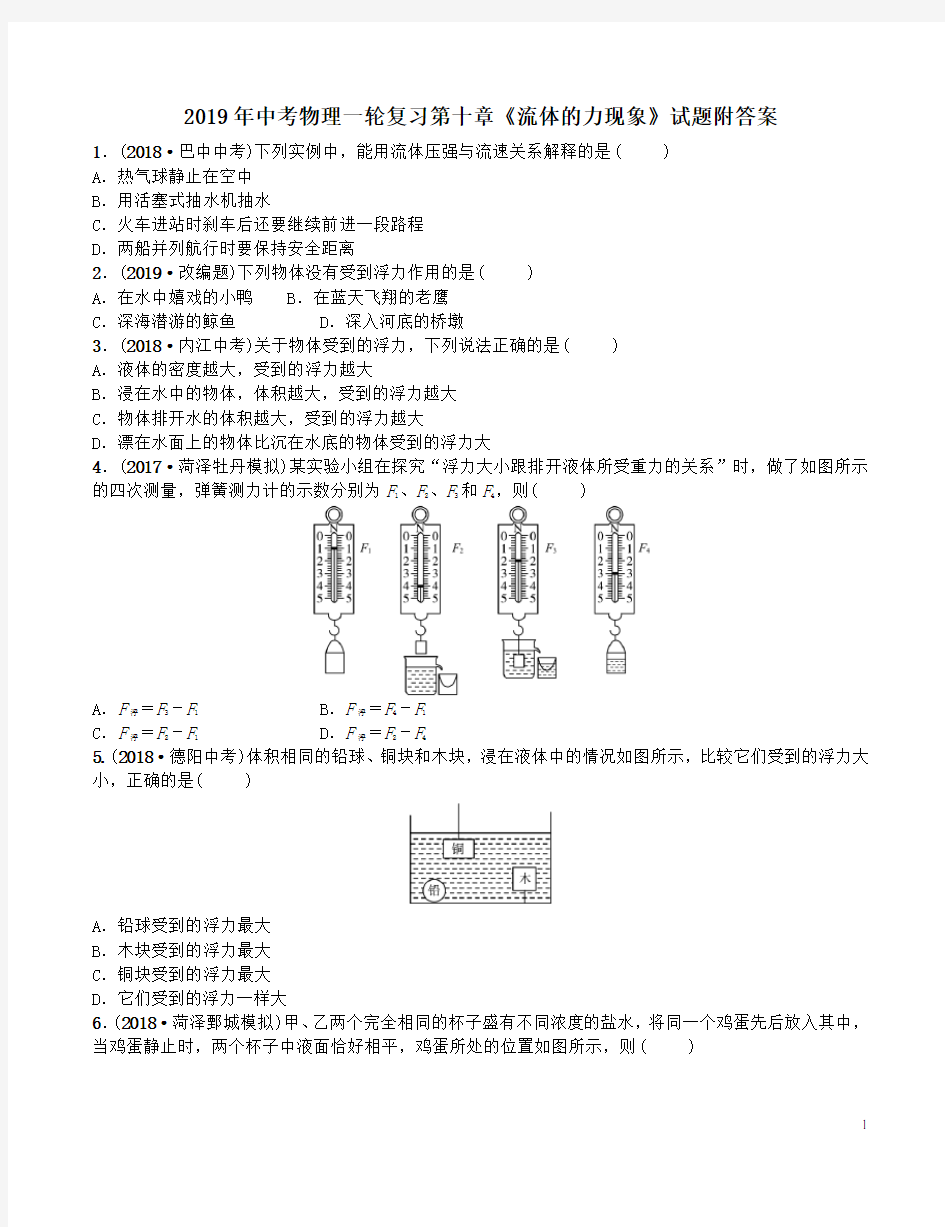 2019年中考物理一轮复习第十章《流体的力现象》试题附答案