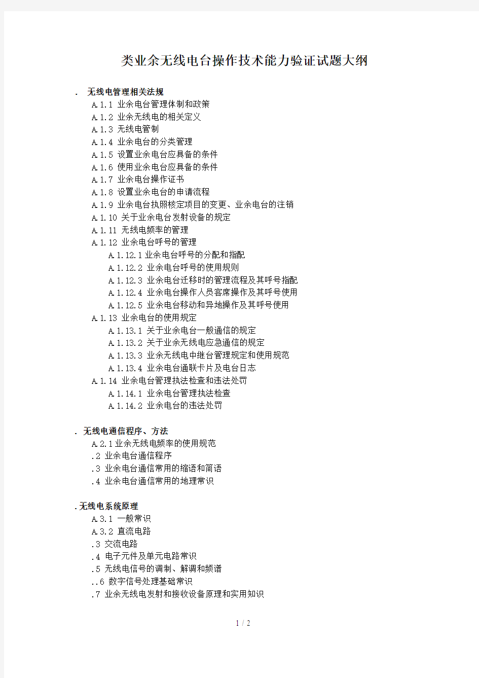 A类业余无线电台操作技术能力验证试题大纲