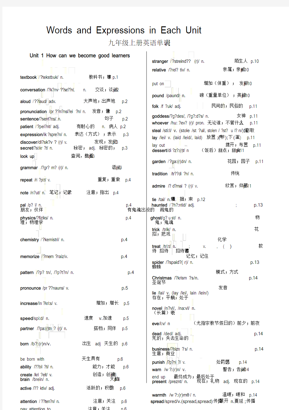 新人教版九年级英语全册各单元单词表(含音标)