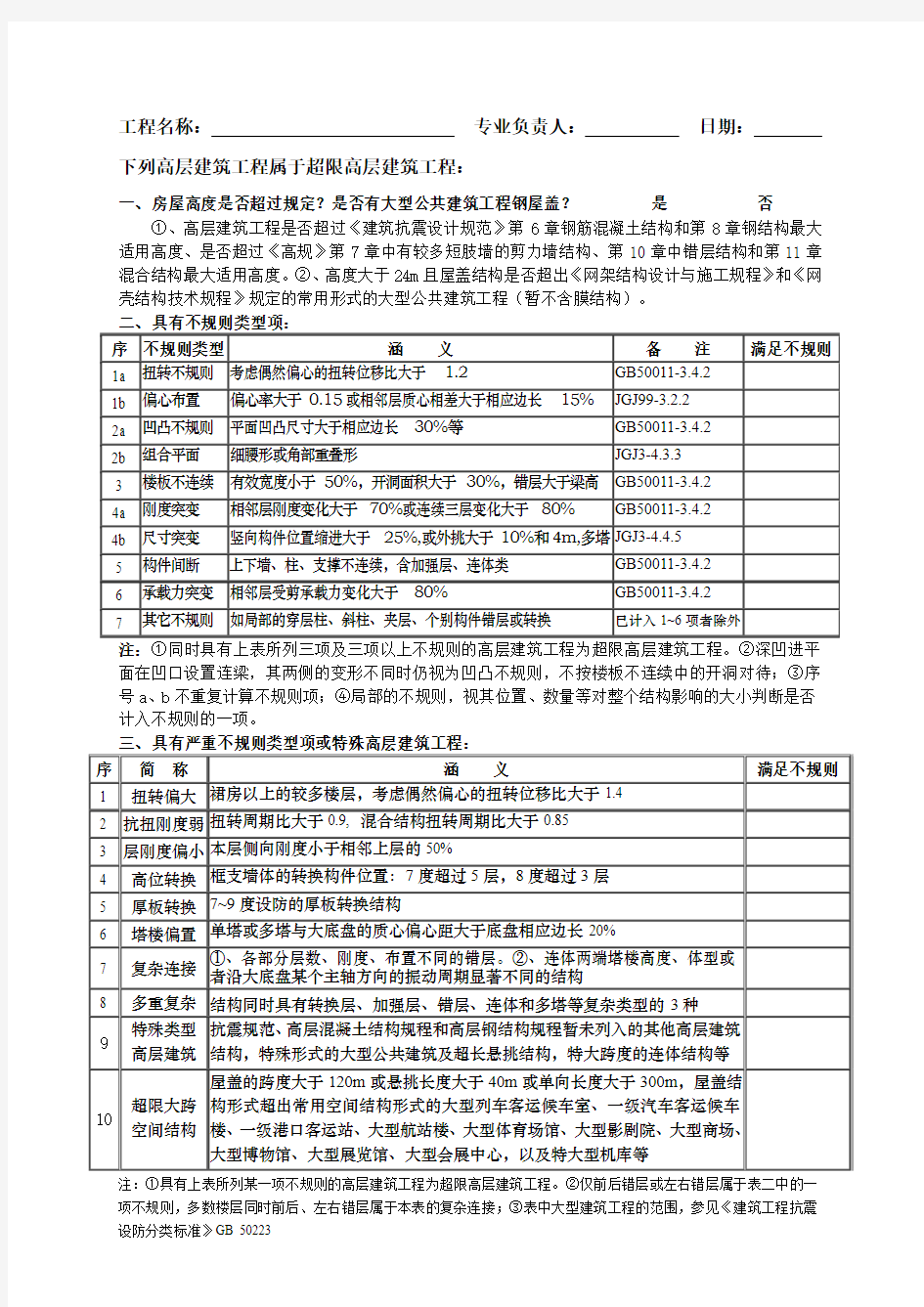 超限高层抗震设防专项审查检查表