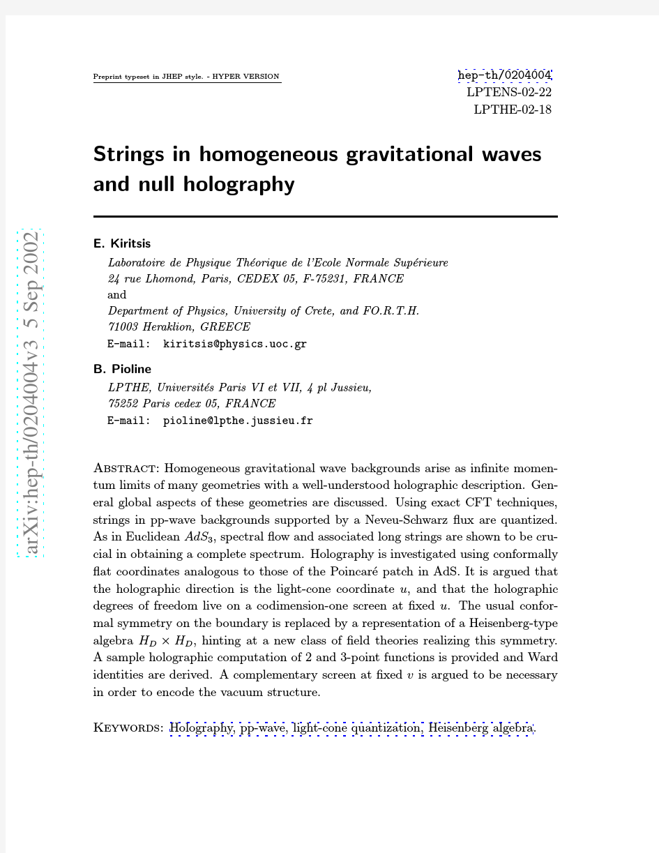 Strings in homogeneous gravitational waves and null holography