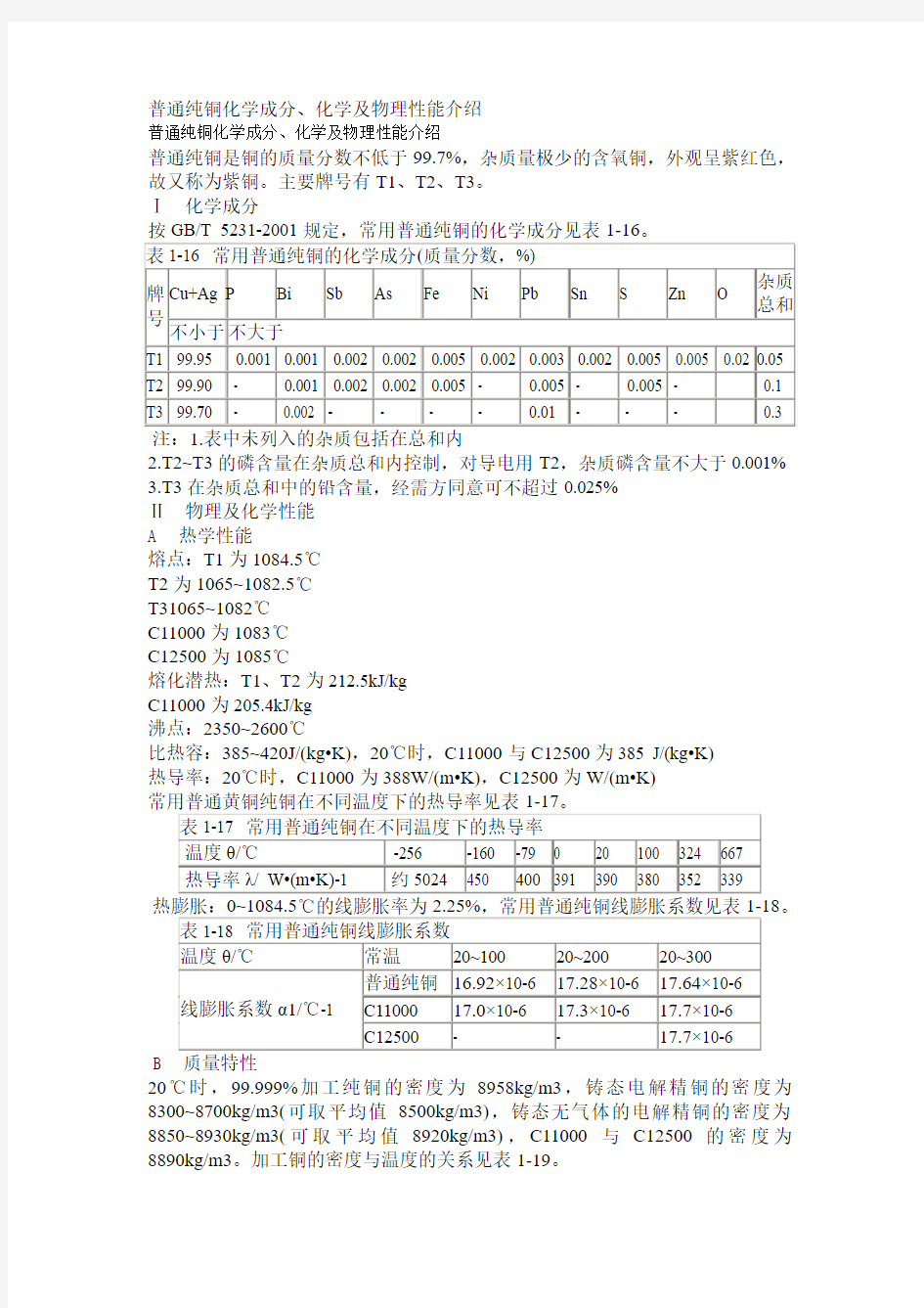 普通纯铜化学成分