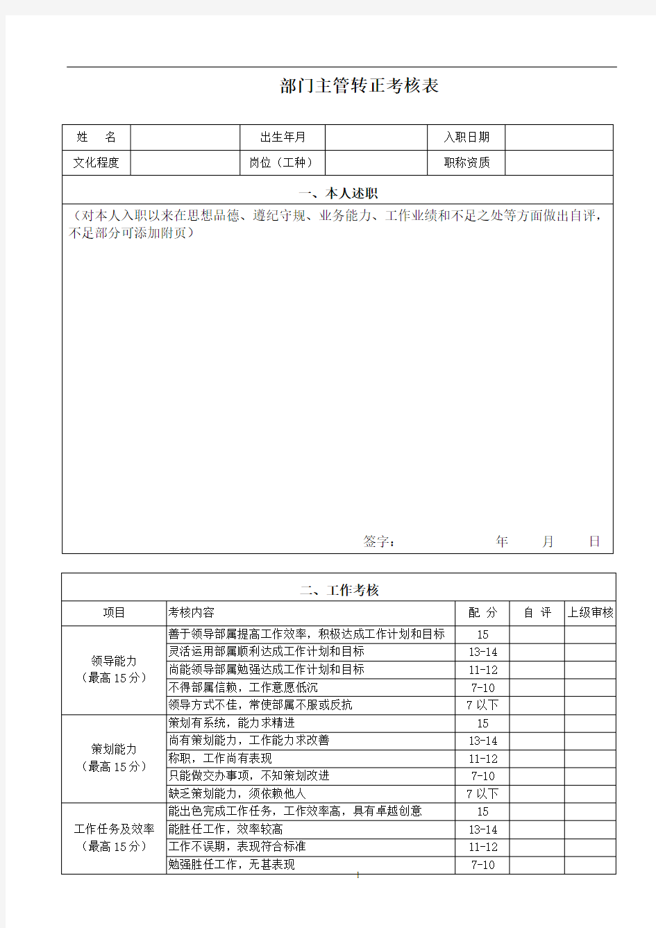 部门主管转正考核表