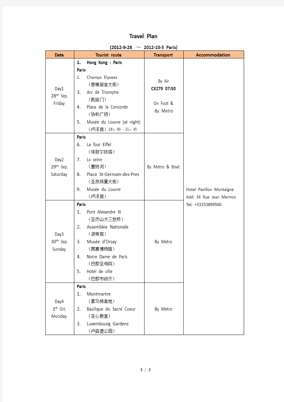 法国签证办理所需材料之一-行程单