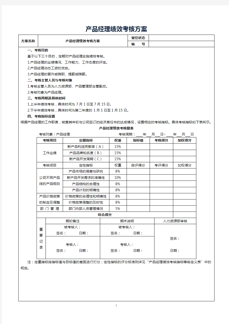 产品经理绩效考核方案