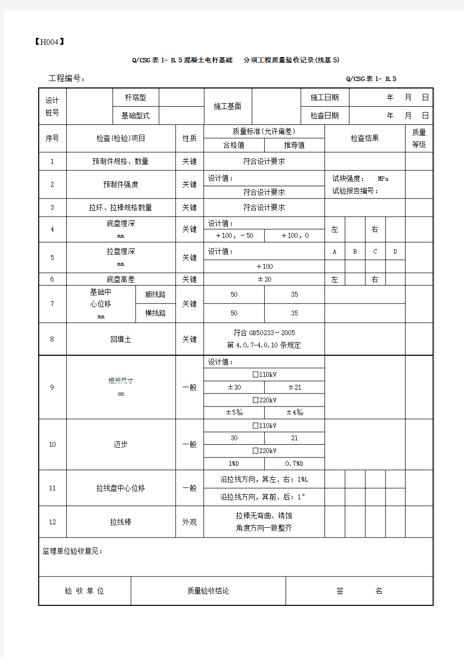 混凝土电杆基础   分项工程质量验收记录(线基5)