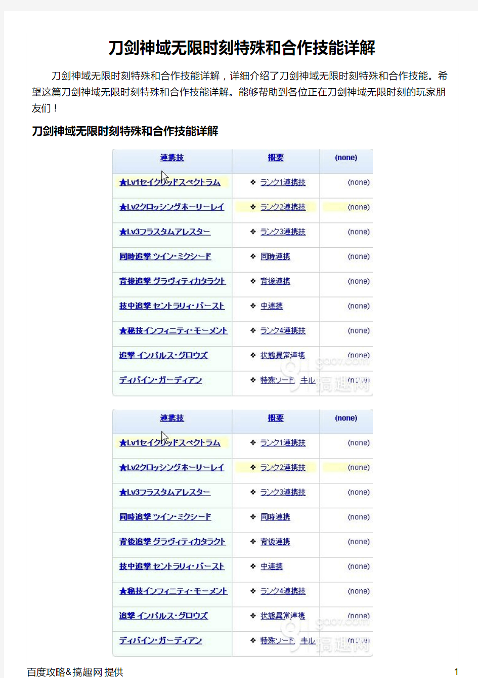 刀剑神域无限时刻特殊和合作技能详解