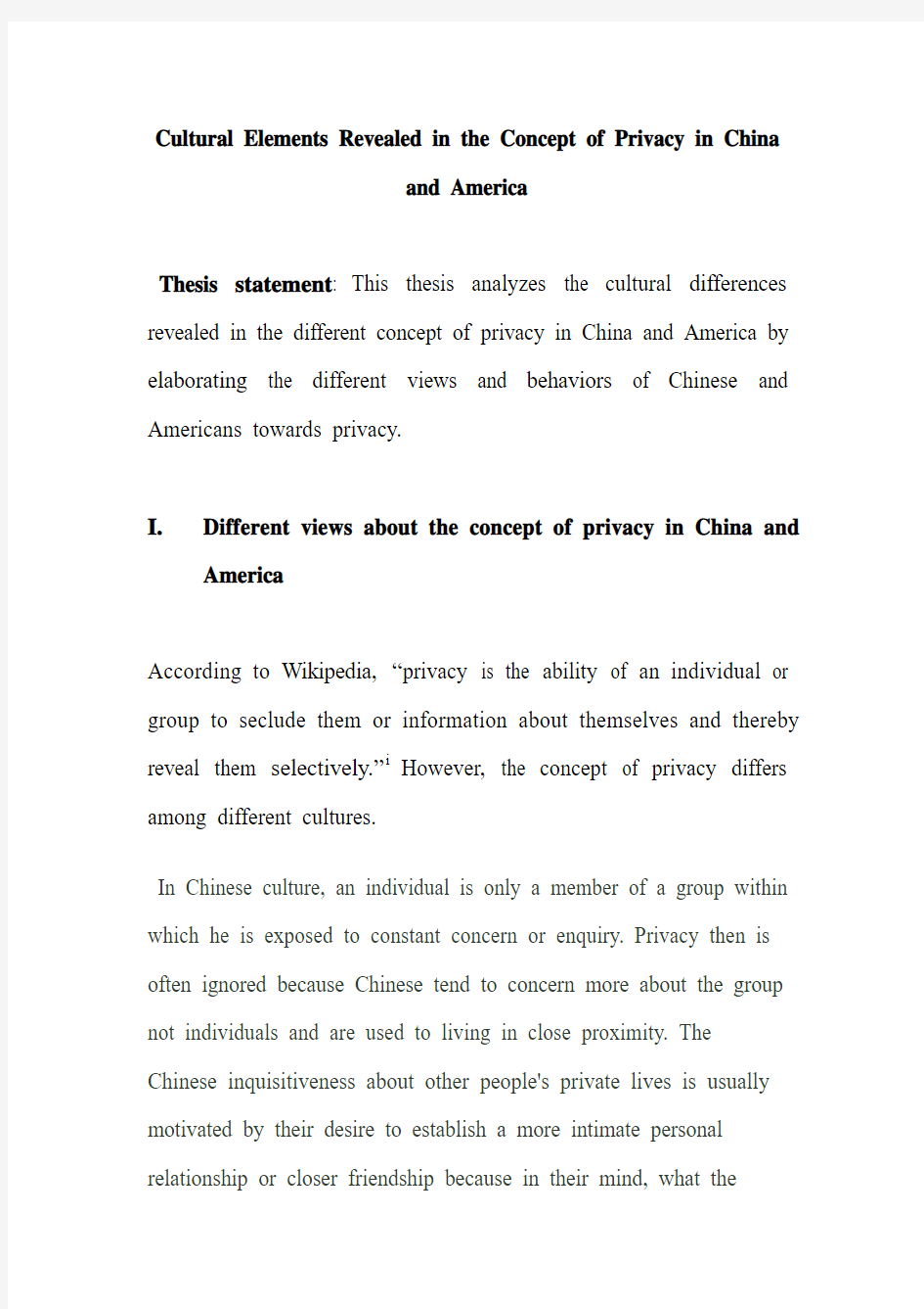 Cultural Elements Revealed in the Concept of Privacy in China and America