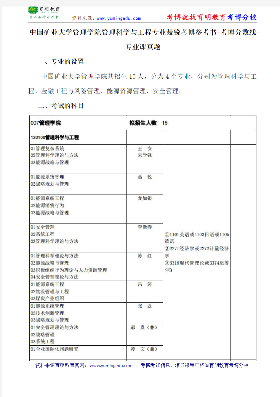 中国矿业大学管理学院管理科学与工程专业聂锐考博参考书-考博分数线-专业课真题