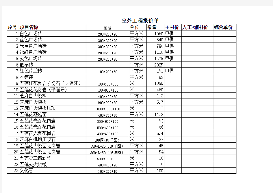 室外工程及绿化报价表