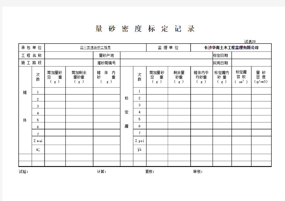 标准量砂密度标定记录表