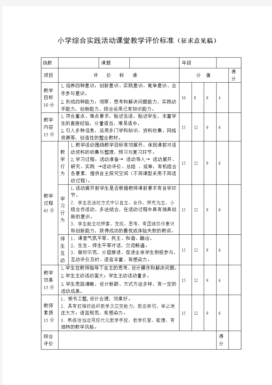 小学综合实践活动课堂教学评价标准