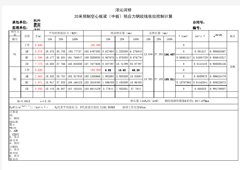 20米预制空心板梁梁预应力钢绞线张拉伸长量计算