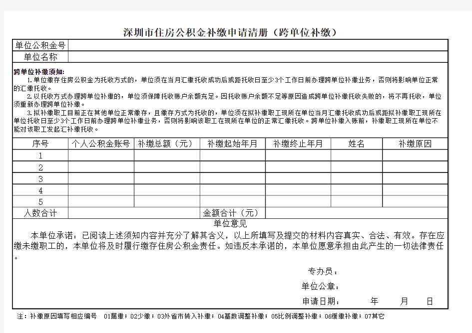 深圳市住房公积金补缴申请清册(跨单位补缴)