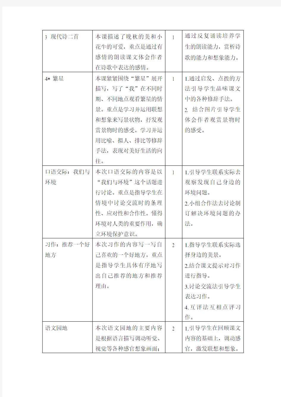 部编版四年级上册语文第一单元全单元教案设计(表格式)