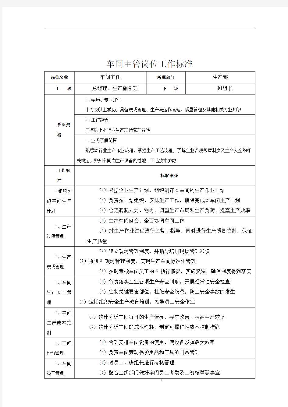 车间主管绩效考核表