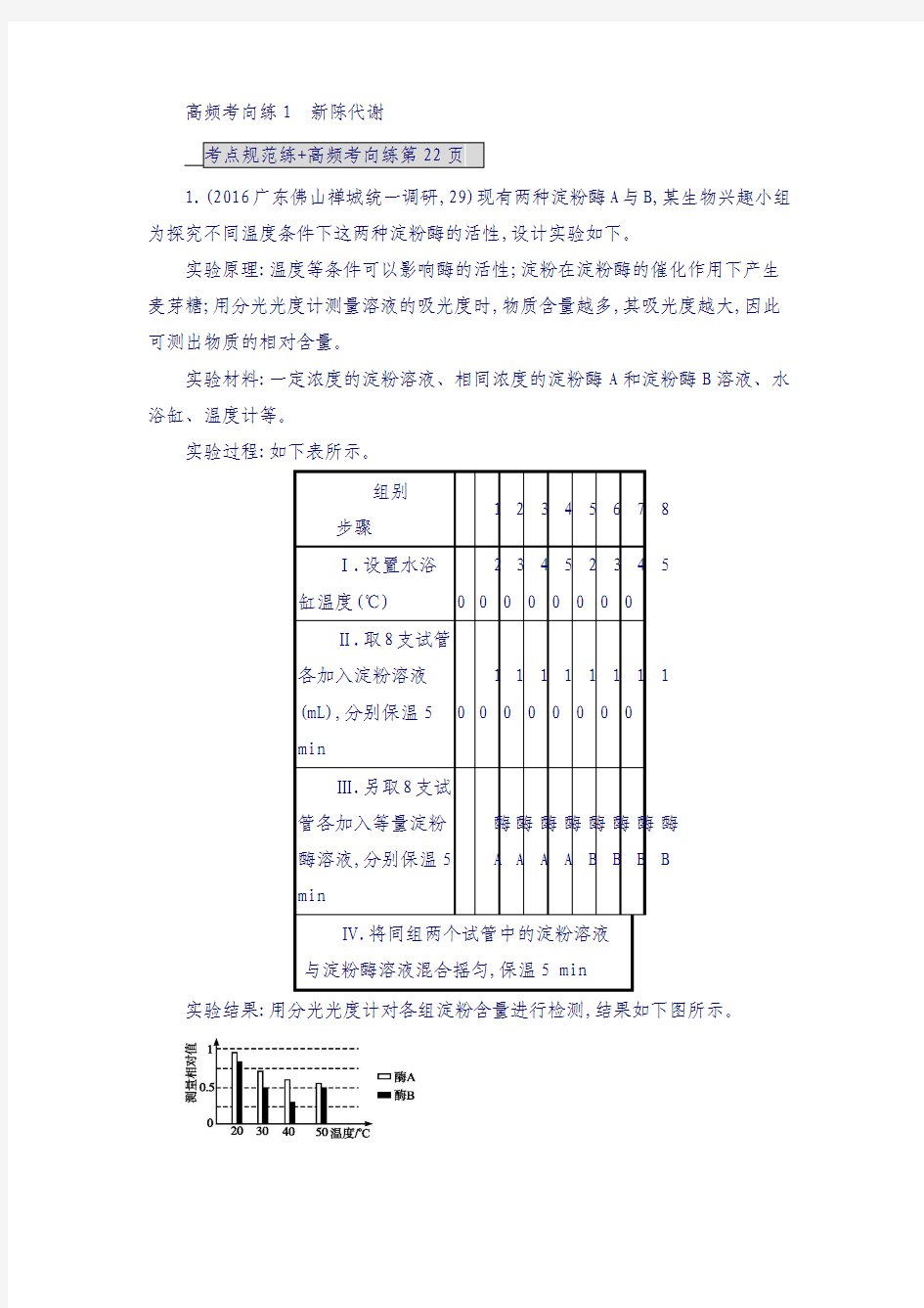 2018届高考生物复习(人教版)：高频考向练1 新陈代谢 含解析