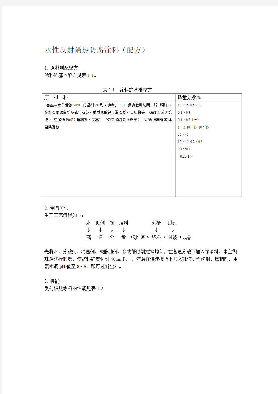 水性反射隔热防腐涂料配方