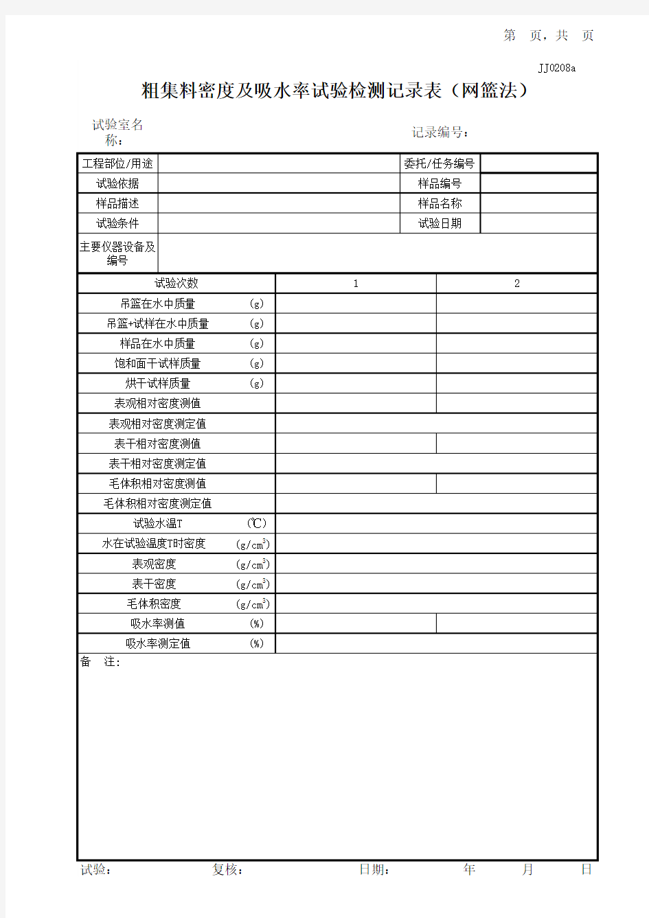 粗集料密度及吸水率试验记录表格