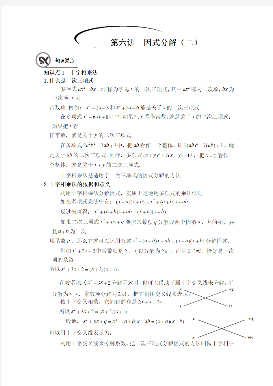 沪教版( 上海)七年级第一学期第六讲  因式分解(二)