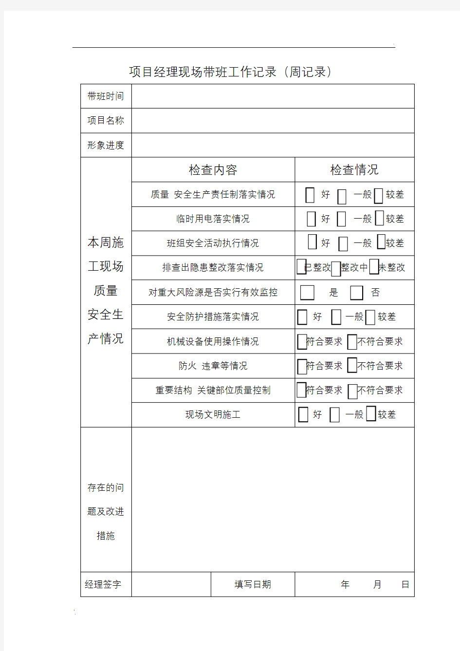 项目负责人施工现场带班生产记录表1