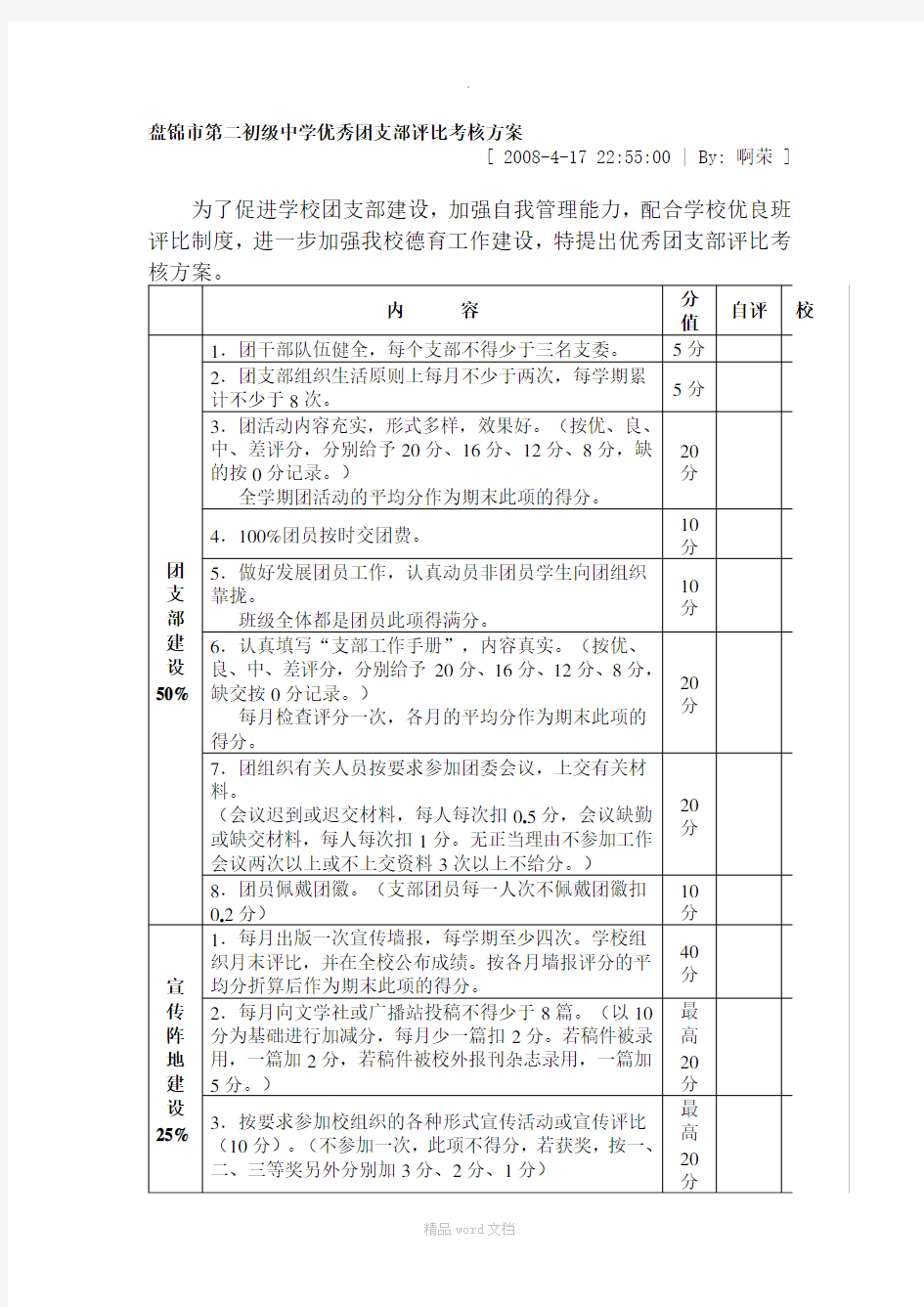 优秀团支部评比考核方案