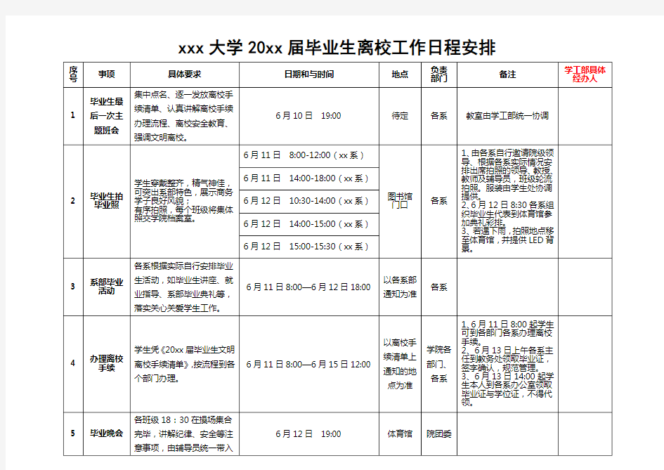 毕业生离校工作日程安排执行方案模板