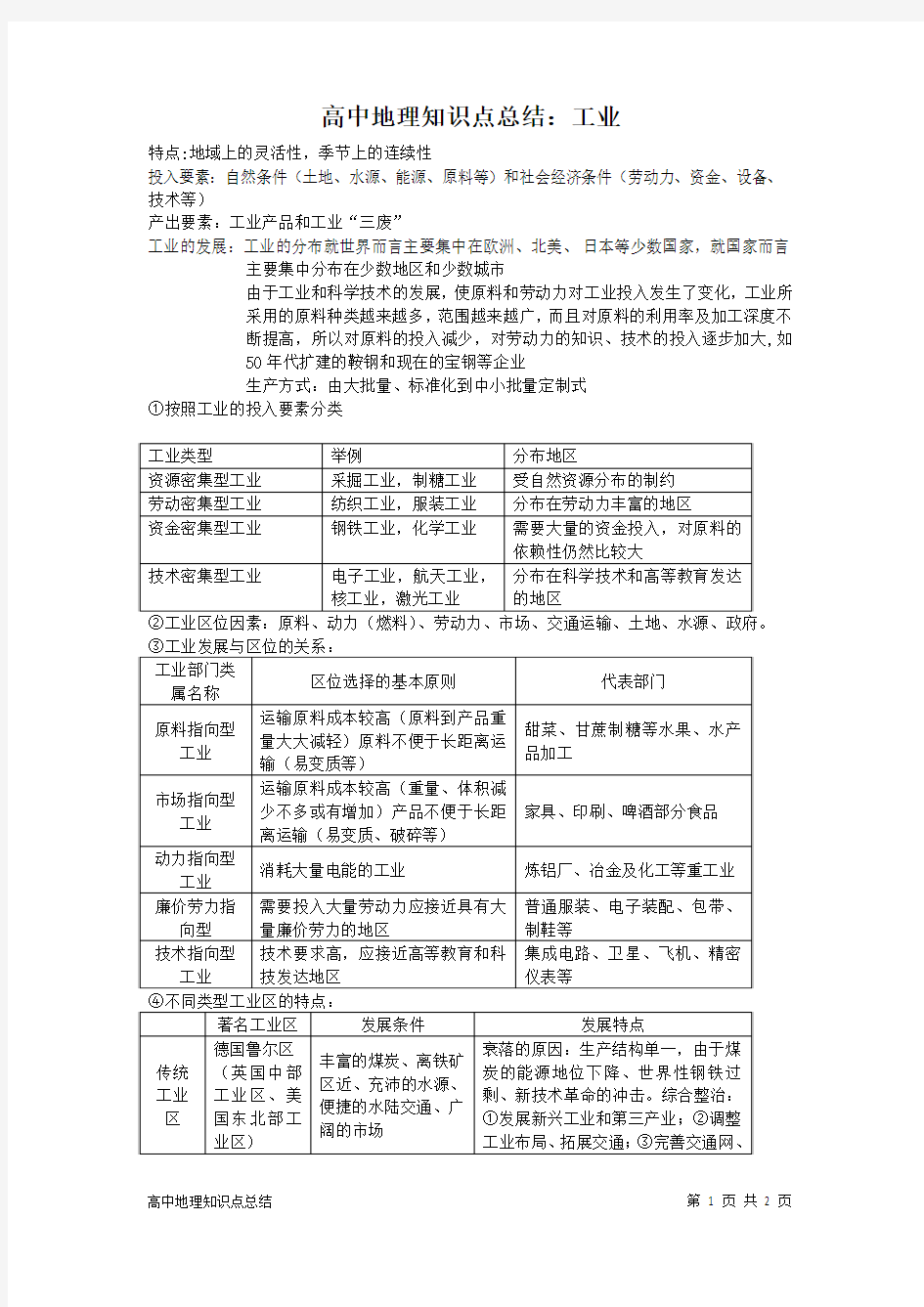 高中地理知识点总结：工业