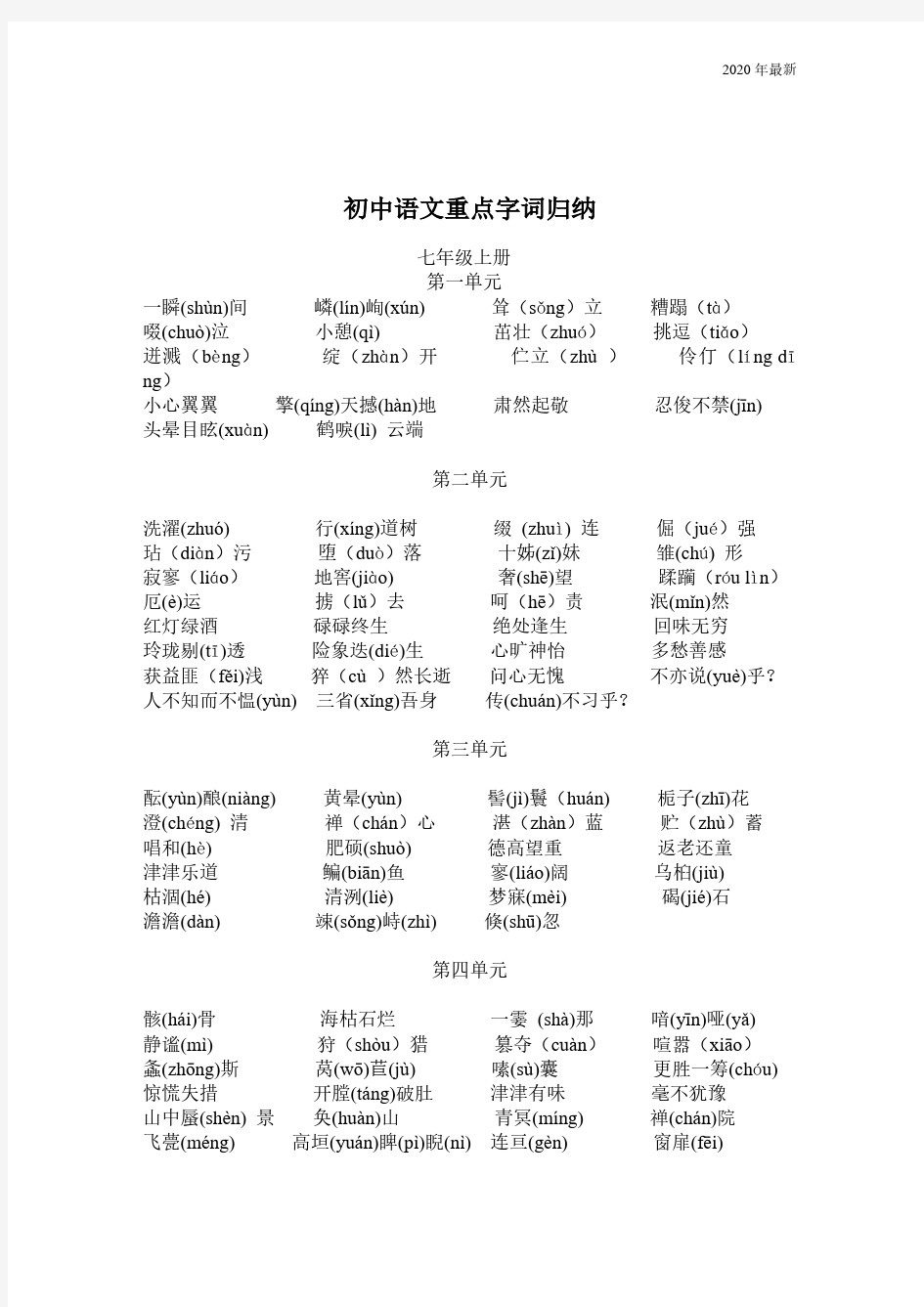 2020年最新人教版初中语文重点字词归纳
