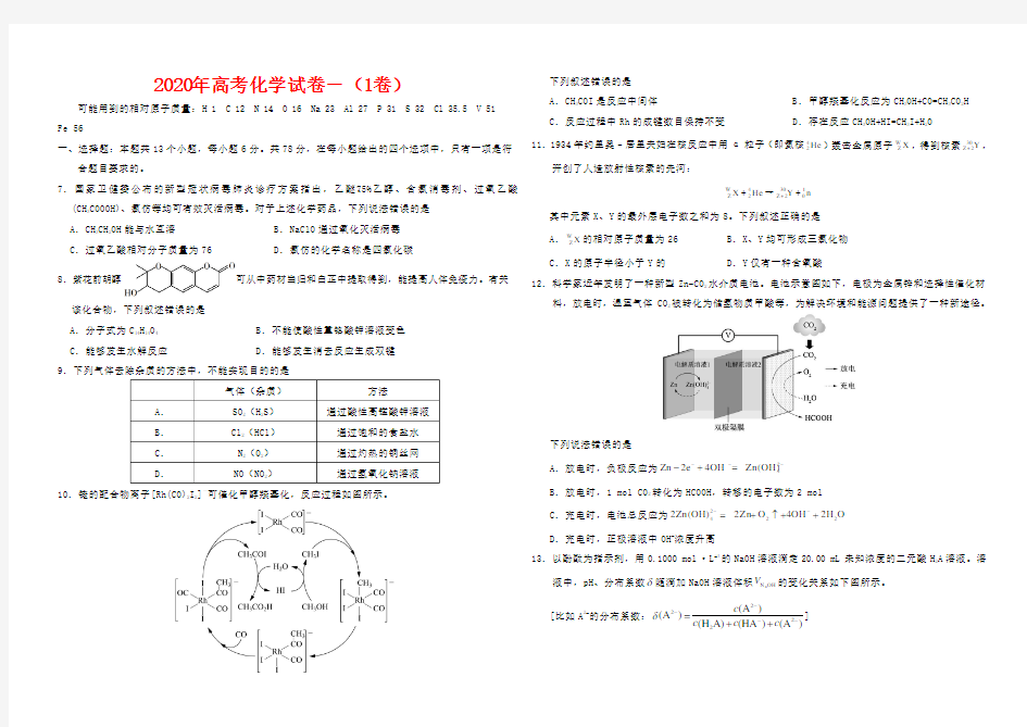 2020年高考化学试卷-(1卷及答案)