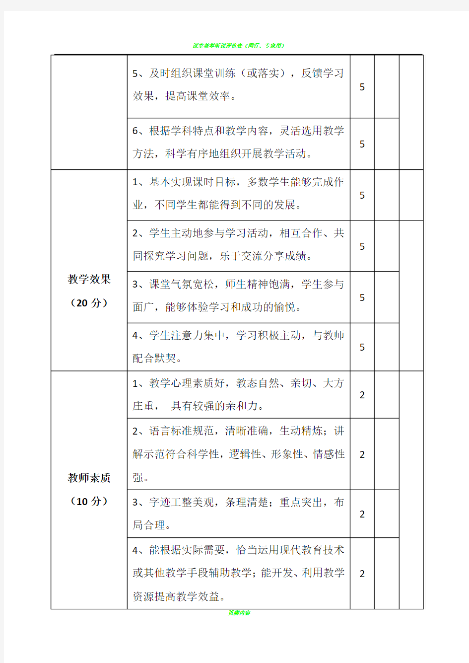 课堂教学效果评价表