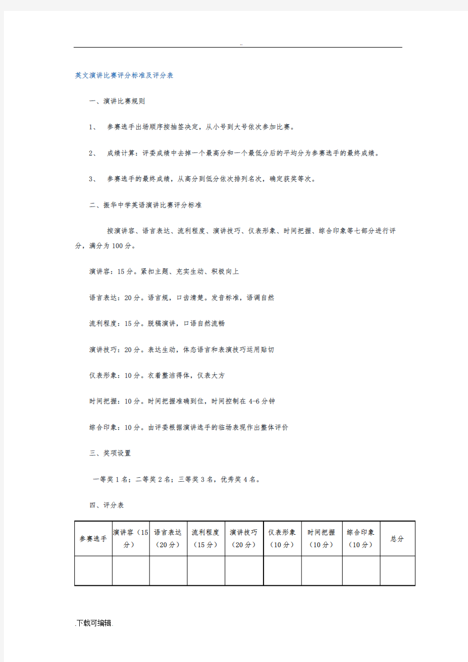 英文演讲比赛评分实用标准与评分表