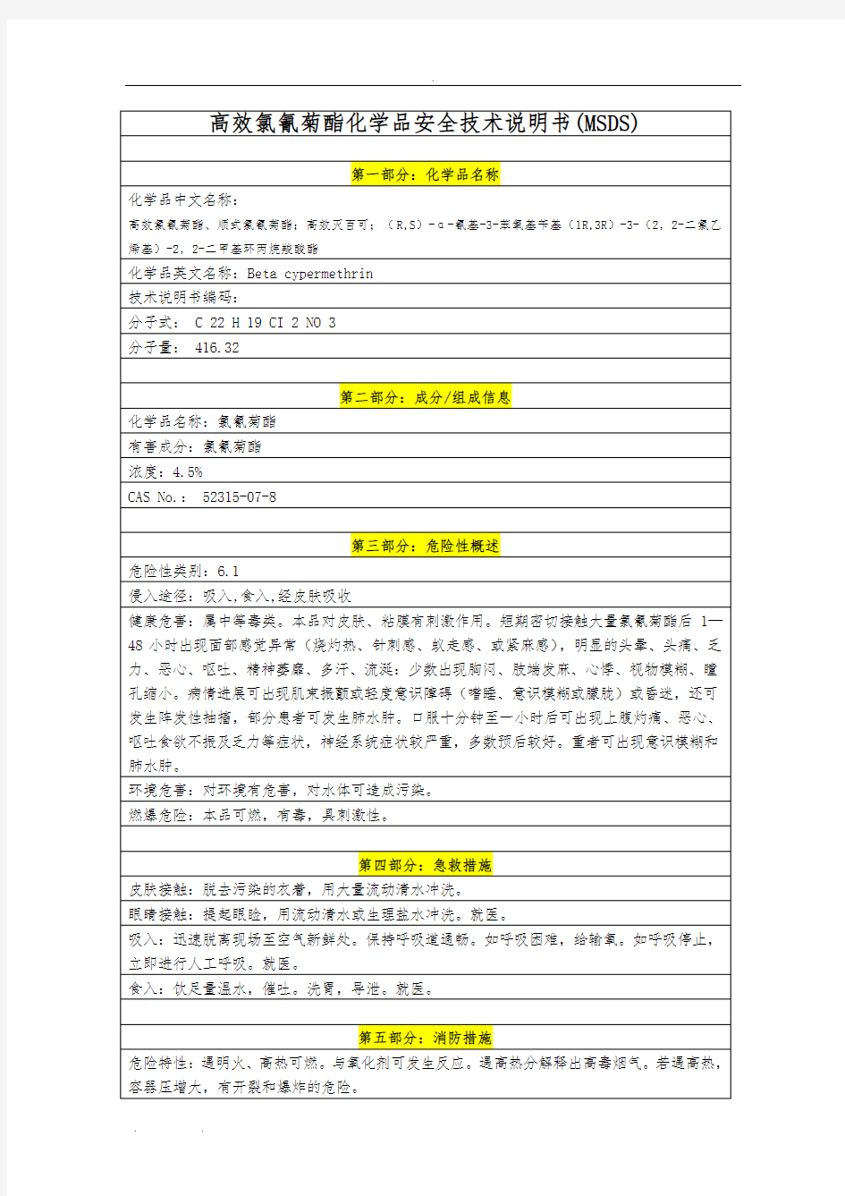 高效氯氰菊酯(MSDS)