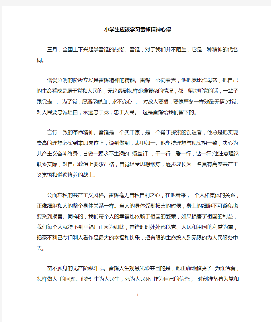 小学生应该学习雷锋精神心得