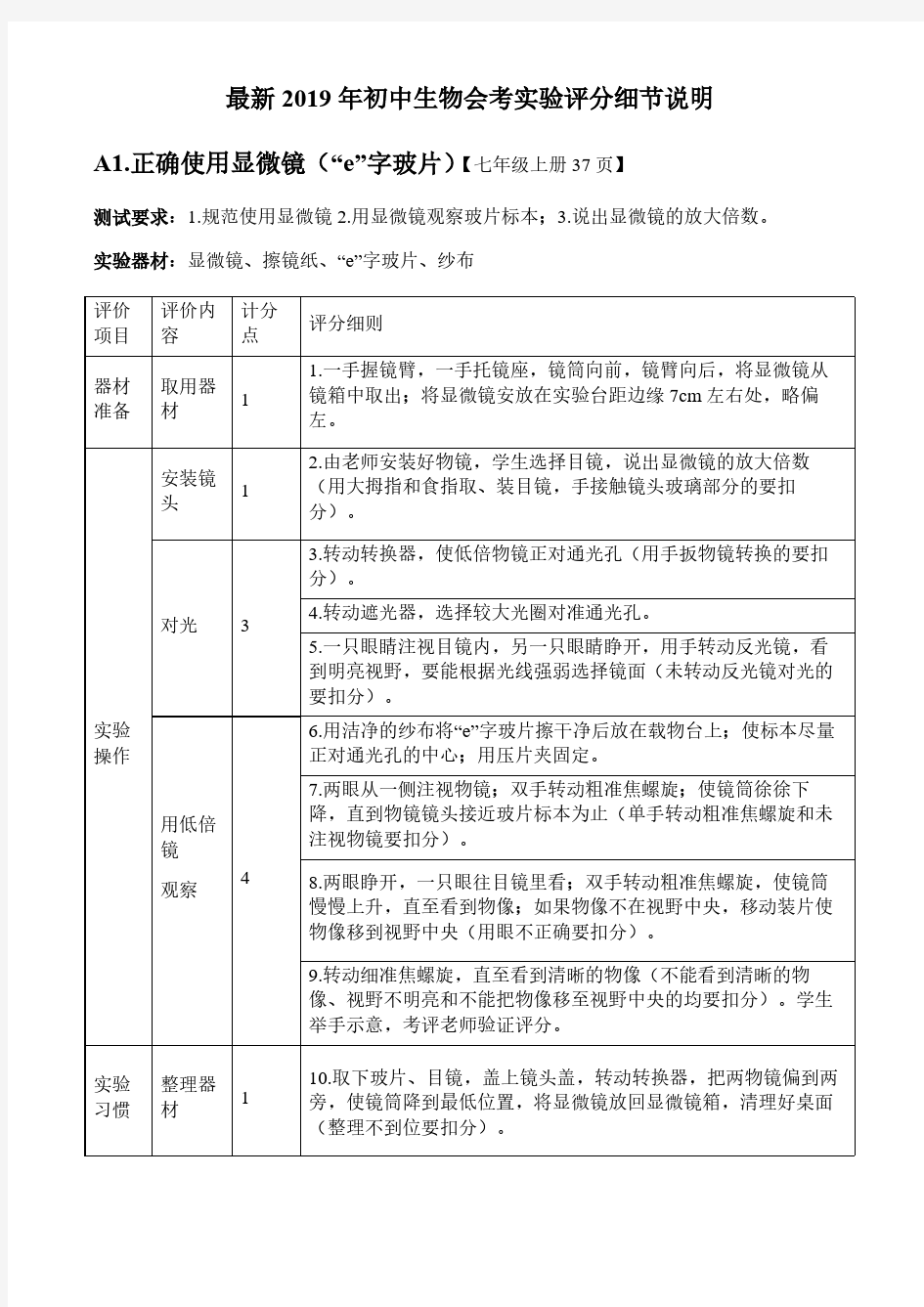 最新2019年初中生物会考实验评分说明